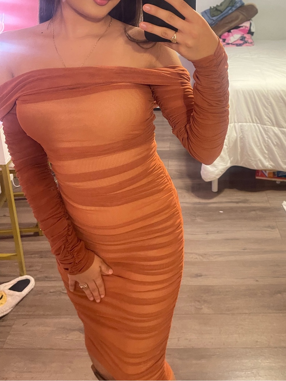 Fashion Nova Off-Shoulder Rust Orange Bodycon Dress
